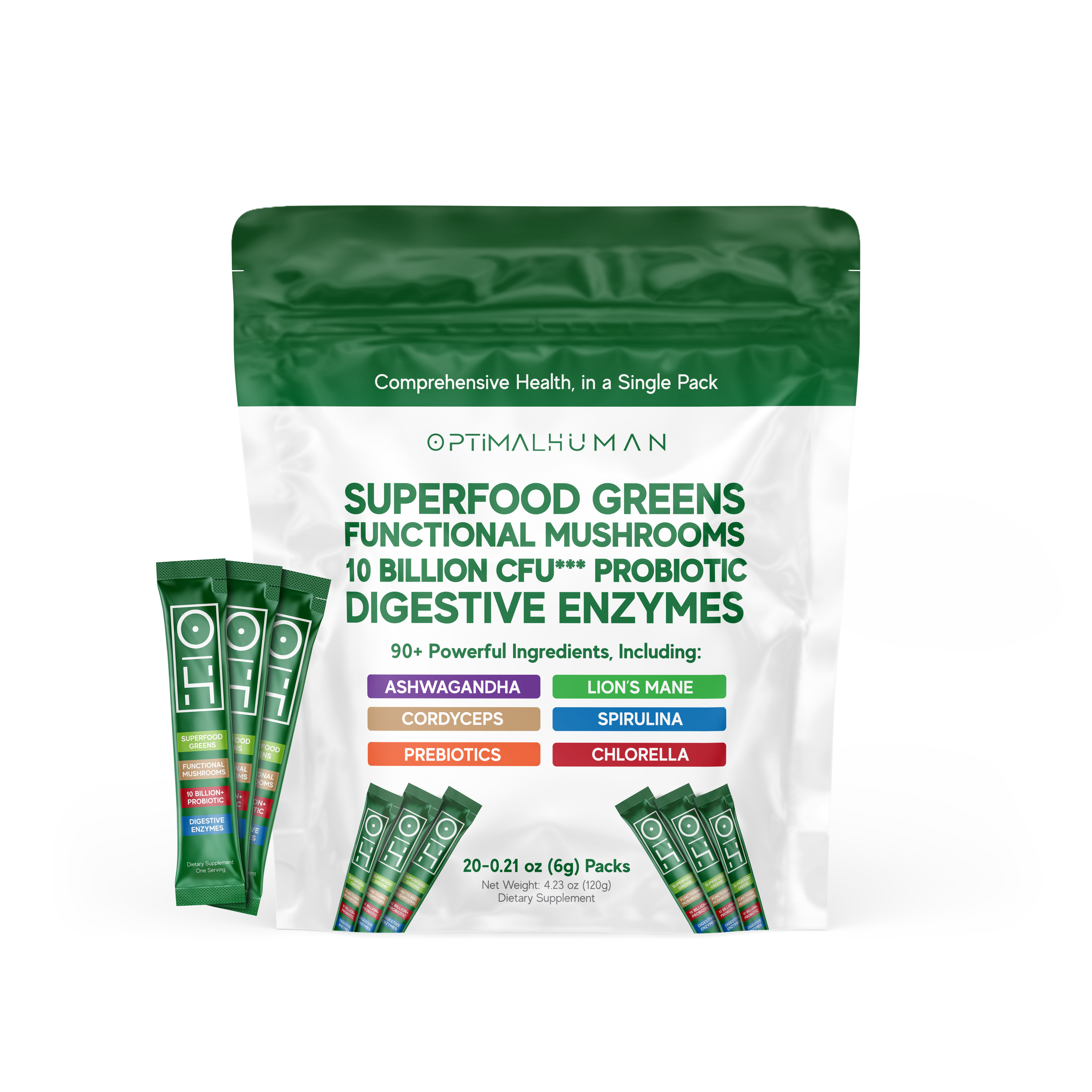 Packaging of Optimal Human Superfood Greens with green and white design